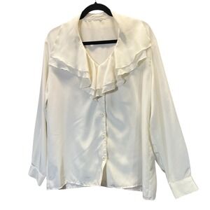 Howard Wolf Women Cream Ruffle Neck Button Up Blouse Size 12 Made in USA